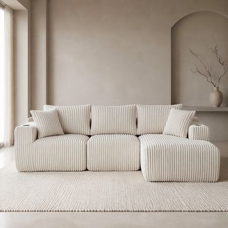 Divano angolare modulare con chaise longue, 5 cuscini, velluto a coste beige DESVIAE (1/5)
