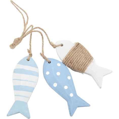 Décor de Poisson en Bois de Pin de Style Marin Oeuvre d'art Suspendue Nautique Sculptée Antique - Décoration Murale Blanche à Ondulation Ponctuelle avec 3 Petits (1/5)