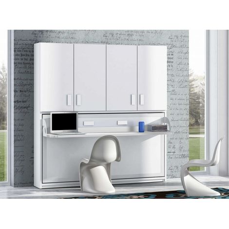 Lit escamotable horizontal avec étagères interieures, bureau et armoire MIKO - Profondeur 53cm-Chêne blanc-90x190 (1/5)