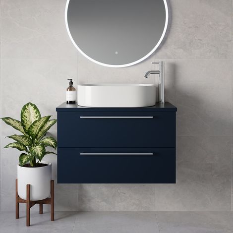Napoli 390 Deep Blue 800mm Wall Mounted 2 Drawer Vanity Unit for Countertop Basins - 800mm - Chrome 480mm Handle