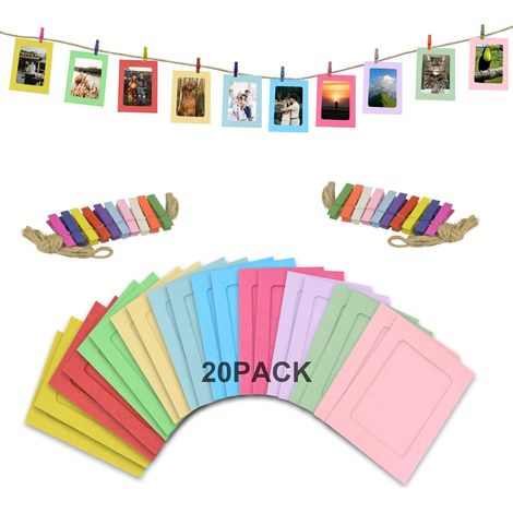 Lot de 20 cadres photo en papier multicolores 10,2x15,2 cm, avec ficelle et pinces pour bannière et déco. (1/5)