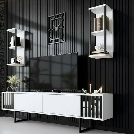 Dmora - Fernsehschrank Ananke, Ständer für Wohnzimmerfernseher, Niedriges Wohnzimmer-Sideboard, TV-Ständerbasis, 180x30h48 cm, Weiß und Schwarz, mit verstärkter Verpackung (1/5)
