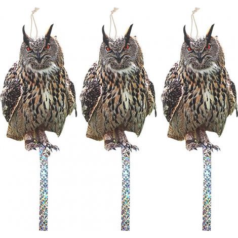 Juego de 3 repelentes de aves: repelente de palomas y búhos, reflectante y con campana en forma de búho. (1/5)