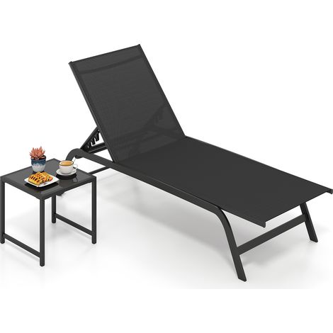 Chaise Longue avec Roulettes et Table d'Appoint, Bain de Soleil Inclinable avec Dossier Réglable à 6 Niveaux, Plateau Verre Trempé, Charge 150kg, Noir (1/5)