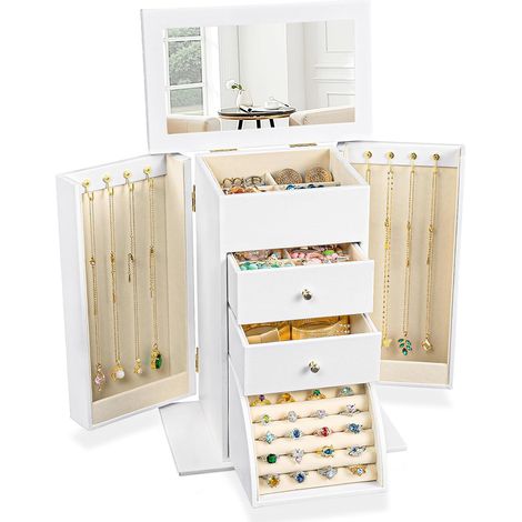 Boîte à Bijoux Femme, Grande Rustique Boite a Bijoux Cuir avec Miroir, Boite Rangement Organisateur Bijoux 4 couches pour Colliers, Boucles D'oreilles, Bagues, Bracelets (Blanc) (1/5)