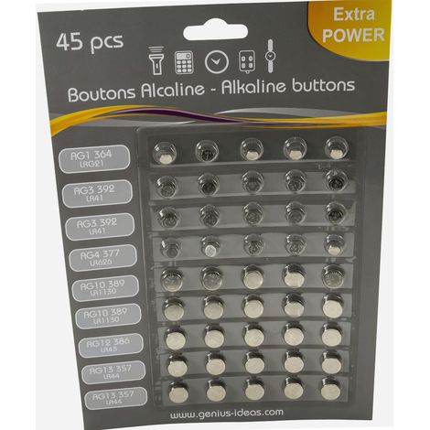 Lot de 45 piles boutons alcalines AG1 AG3 AG4 AG10 AG12 AG13 – Tension 1.5V – Compatible avec appareils électroniques courants – Genius Ideas