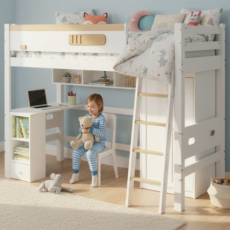 Etagenbett, Kinderbett, mit Fallschutzgitter, mit Tisch und Kleiderschrank, Offenes Regal, Reichlich Stauraum, Mit vierstufiger Leiter, Kiefer+MDF+Sperrholz