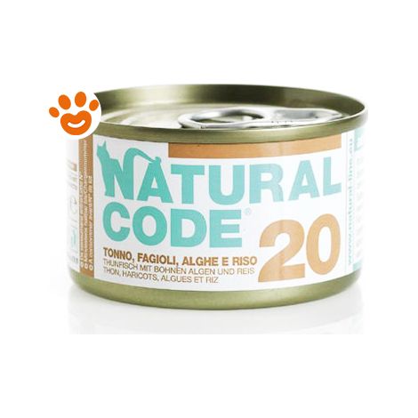 Natural Code Gatto Adulto, in Lattina 85gr 20 Tonno e Fagioli Alghe Riso