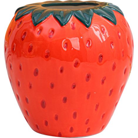 Jarrón de cerámica con forma de fresa, de 15 cm, decorativo como adorno de mesa o para la estantería. (1/5)
