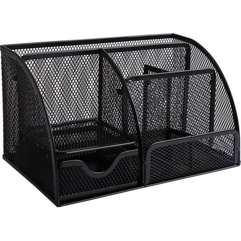 Porte-stylo avec tiroir - Bureau - Porte-stylo - Porte-stylo en maille noire - Organisateur - Porte-stylo - Métal - Noir (1/5)