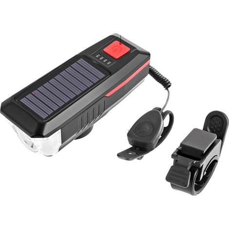 Feu avant vélo solaire USB rechargeable, éclairage nocturne VTT, corne intégrée, feu arrière rouge rond, kit lumineux cyclisme (1/5)