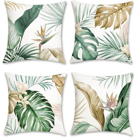 Tropical Leaf Cushion Cover 45 x 45 cm Brown Green Leaf Soft Velvet Decorative Pillowcase for Sofa Home Decoration 4 Pieces