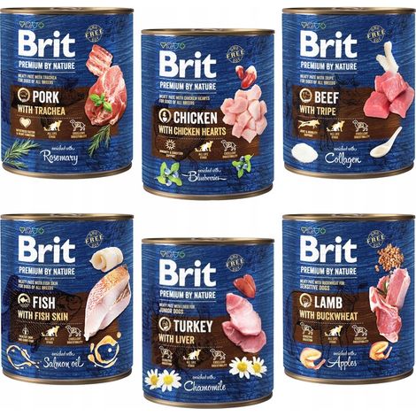BRIT BY NATURE Nassfutter für Hunde, verschiedene Geschmacksrichtungen, 6 x 800 g, für ausgewachsene Hunde, getreidefrei