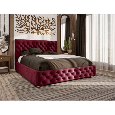 Emporius – Lit double 180x200 avec tiroir – Tissu velouté imperméable – Style Chesterfield rouge – Rangement intégré pratique (1/4)