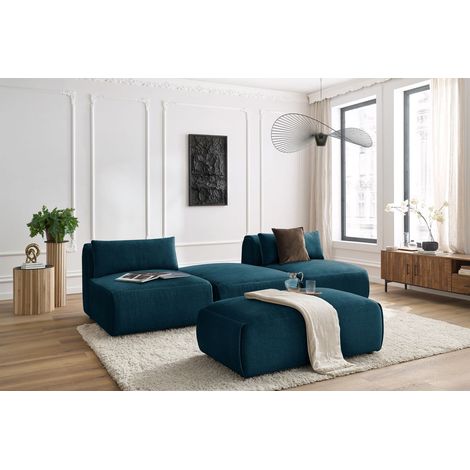 BOBOCHIC - Canapé droit fixe 3 places JEANNE avec pouf tissu velours Bleu foncé (1/5)