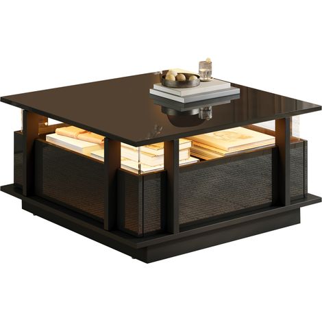 Table basse lumineuse 70x70x35cm avec éclairage led, 2 tiroirs et séparateur en acrylique transparent, design brillant gain de place, stratifié, noir (1/5)