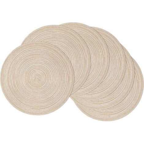 Lot de 6 sets de table ronds tressés de 38 cm, antidérapants, résistants à la chaleur, en coton et polyester, lavables, pour cuisine, salle à manger, fête, décoration de table (beige)