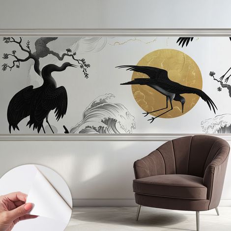Selbsthaftend Tapete für Wohnzimmer Schlafzimmer Küche - Wanddekoration Schwarze Kraniche 250x104 cm (1/5)