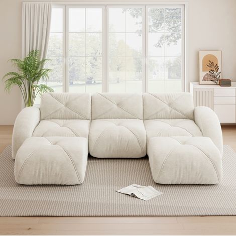 Sofá modular en U de 3 plazas con 2 pufs, chenilla, sin montaje, beige claro HAVRYA (1/5)