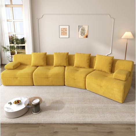 Divano modulare a 4 posti in velluto a coste giallo, seduta profonda 64,5 cm, moduli configurabili senza montaggio per soggiorno (1/5)