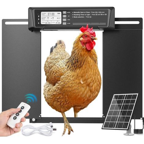 Porte automatique de poulailler solaire avec panneau solaire 7W, ouvre-porte en aluminium avec capteur de lumière, minuterie programmable, contrôleur étanche et système anti-pincementPorte (1/5)