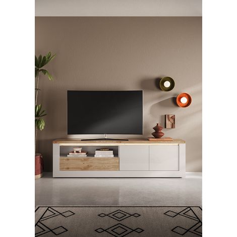 Meuble TV contemporain 210 cm blanc laqué brillant Isia (1/5)