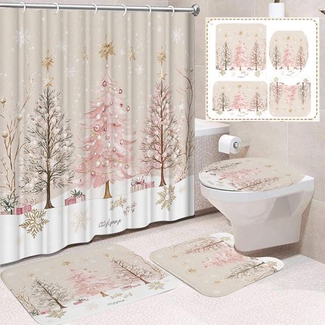 Rideau De Douche De Noël - Tapis De Salle De Bain Non Glissant - Tapis De Toilette - Lot De 4 Pièces - Motif Père Noël - 180 X 180 Cm (1/5)