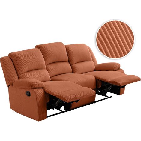 Loungitude – Canapé de relaxation manuel 3 places – Velours côtelé terracotta – 2 assises inclinables – Fabrication européenne – Confort optimal (1/5)