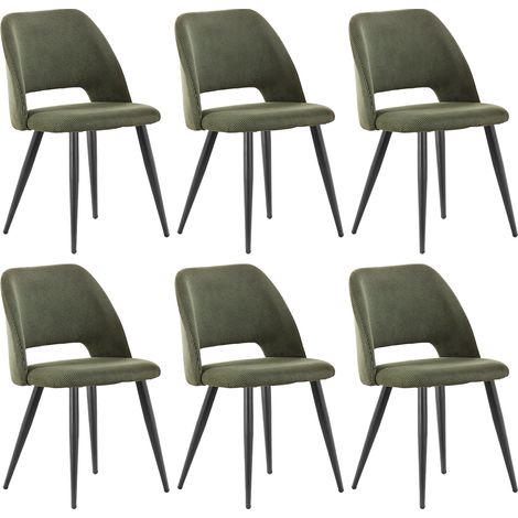 Lewe – Lot de 6 chaises de salle à manger en velours côtelé – Rembourrage mousse haute densité – Pieds en métal noir – Vert armée (1/5)