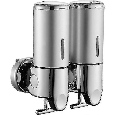 Distributeur de savon mural manuel, distributeur double de lotion, distributeur de désinfectant mural en acier inoxydable, distributeur de lavage des mains chromé rechargeable (1/5)
