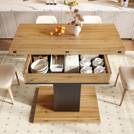 Esstisch ausziehbar - 120 x 120 x 75 cm - klappbare Tischplatte mit verstecktem Stauraum - stabiler Säulenfuß - moderner Stil - MDF - natur (1/5)