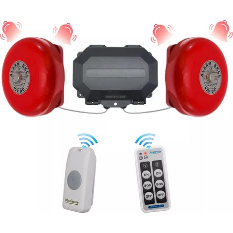 Ultra Secure – Sonnette sans fil double cloche IP56 – Portée 800m – Alimentation 12V – Durée réglable – Volume 100dB pour environnements bruyants