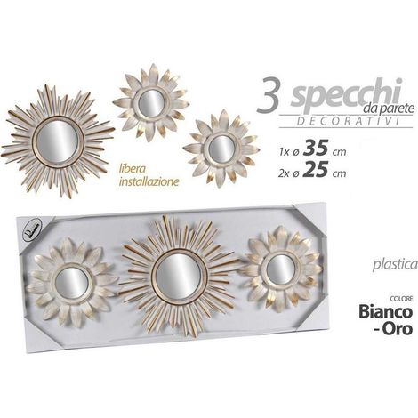 Kaela - Set 3 Pz Specchi Parete Bianco Oro 25/35 Cm Plastica Libera Installazione 823909 -