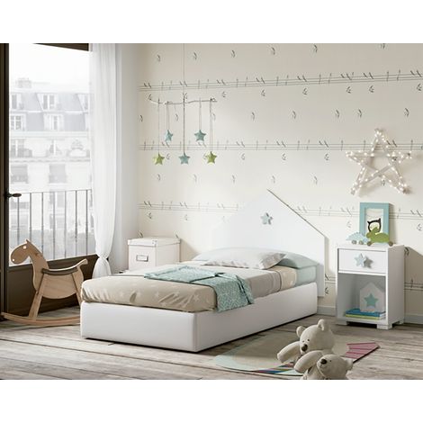 Pegane – Ensemble de chambre à coucher enfant blanc – Tête de lit 100 cm – 2 chevets avec tiroir – Fabrication espagnole certifiée PEFC (1/3)