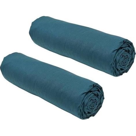 Lot de 2 draps housses TODAY Essential - 140 x 190 cm - 2 personnes - 100% Coton - Paon (1/2)