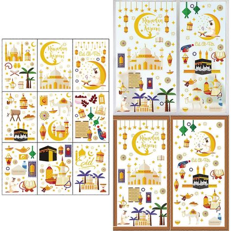 Lot de 9 autocollants de fenêtre Ramadan Eid Mubarak Décoration Kareem Stickers muraux islamiques Décoration murale musulmane (1/4)