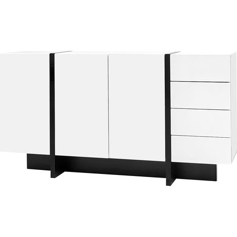 Buffet blanc brillant, meuble moderne et épuré avec 2 portes et 4 tiroirs, facile à nettoyer, idéal pour le salon ou la salle à manger