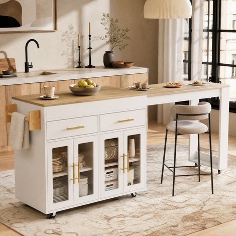 Mueble de cocina móvil extensible con ruedas y almacenaje, blanco DESVIAE (1/5)