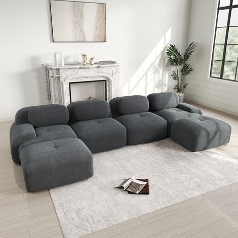 Sofá modular en U de 4 plazas con 2 chaise longues - Sofá de 388 x 178 cm con espuma de alta densidad - Sin estructura - Terciopelo acanalado gris