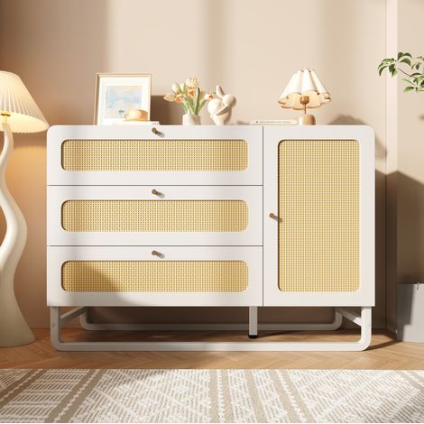 Kommode 120x40x85 cm Weiß aus Holz und Metall mit Rattandetails, 3 Schubladen, Türschrank und Kippsicherung (1/5)