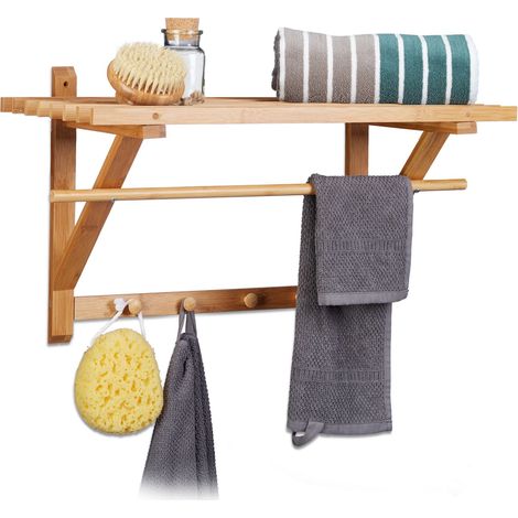 Relaxdays – Porte-manteau mural en bambou avec 4 crochets et barre porte-serviettes – Dimensions H30 x L60 x P35 cm – Résistant à l'humidité (1/5)