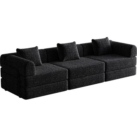 Divano letto in ciniglia nero 2 in 1 con vano portaoggetti nel bracciolo e struttura in metallo (1/4)