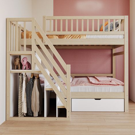 Lit superposé en bois massif 90x200cm ton bois,large barrière de sécurité,échelle équipée de rangement et tiroirs de stockage pour enfants.