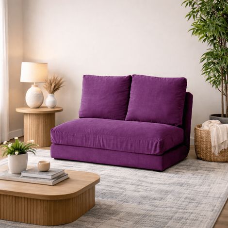 Schlafsofa Japandi-Zweisitzer aus lila Stoff – niedrige
