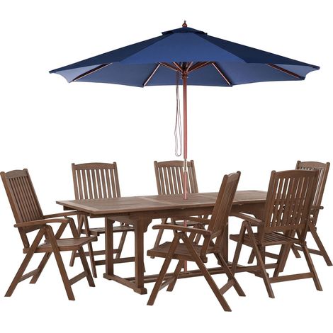 Garden Dining Set 6 Seater AMANTEA with Parasol Acacia Wood Blue