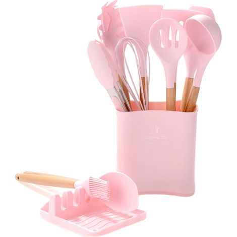 Ensemble de 12 pièces en silicone avec manche en bois comprenant une spatule, une cuillère à soupe, une brosse et un grattoir. Compatible avec les poêles antiadhésives. Seau de rangement. Couleur : ro