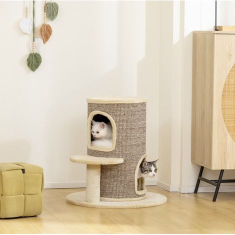 Tour à griffer 60x60x61 cm en sisal beige, 2 niveaux, protège les meubles – MEUBLIV (1/5)