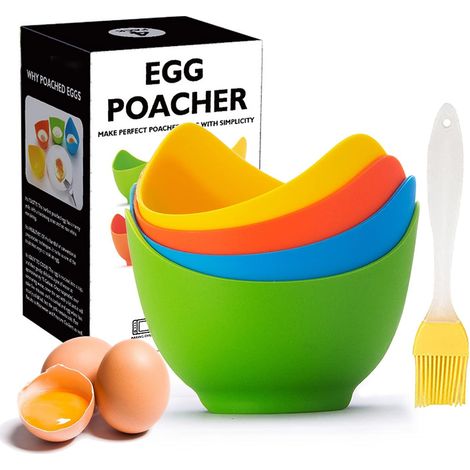 Lot de 4 cuiseurs à œufs pochés avec cadeau - Cuiseur à œufs pochés avec supports annulaires, moule en silicone pour la cuisson des œufs pochés au micro-ondes ou à la casserole, avec pinceau à huile s