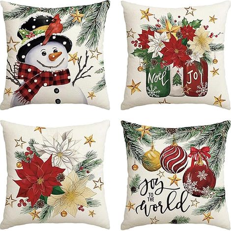 Juego de 4 fundas de almohada navideñas, cojines decorativos para sofá, decoración invernal para sofá y sala de estar. (1/5)