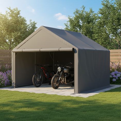 Abri de rangement extérieur 305x296x233 cm, garage à vélos en métal avec porte enroulable, gris